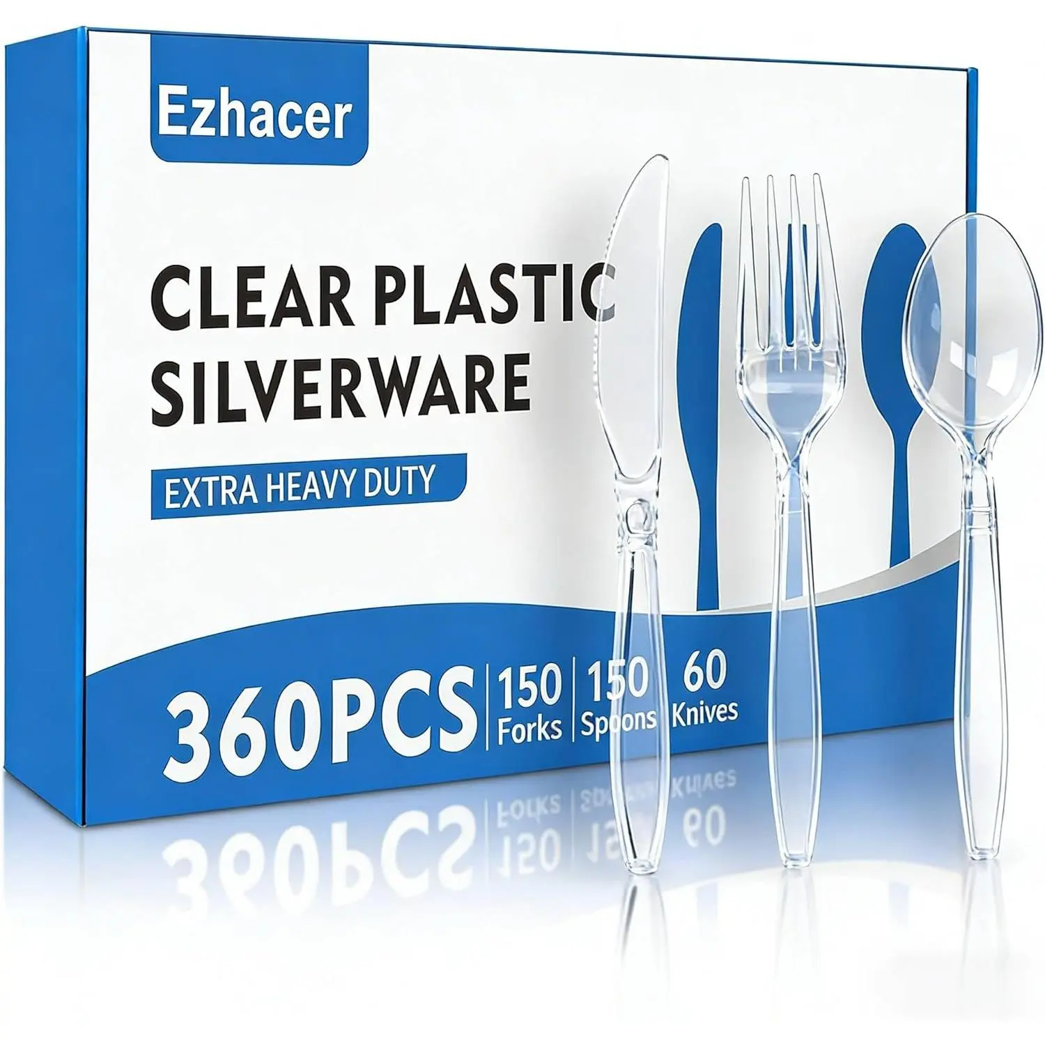 360 Count Heavy Duty Plastic Silverware - Clear Plastic Utensils Cutlery Set, 150 Forks, 60 Knives, 150 Spoons, BPA-Free, Heat Resistant Disposable Silverware for Party and Everyday Use