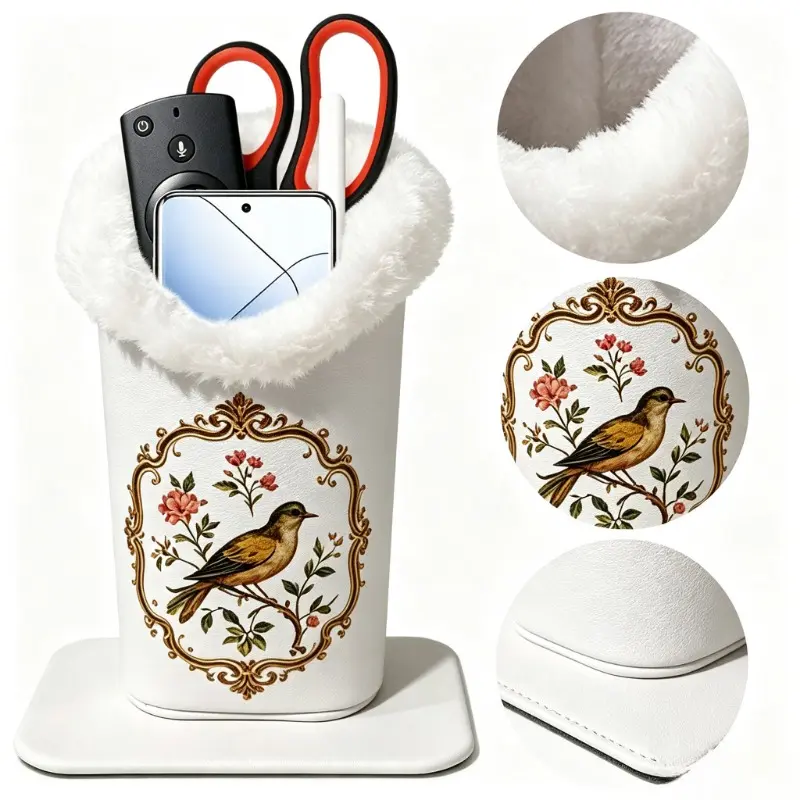 Floral and Bird Design White Plush Eyeglass Holder with Detachable Magnetic Base – Premium Faux Leather Glasses & Pen Stand