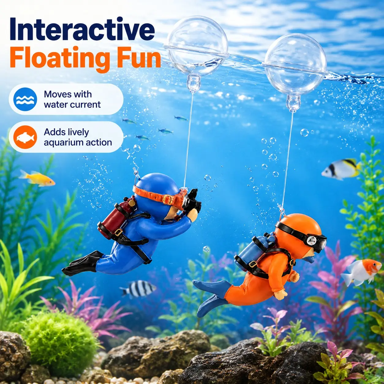 2 Pack Aquarium Floating Diver Decorations, Mini Scuba Diver Ornaments, Resin Underwater Decor for Betta, Goldfish, Turtle Tanks, Blue & Aquarium Supplies