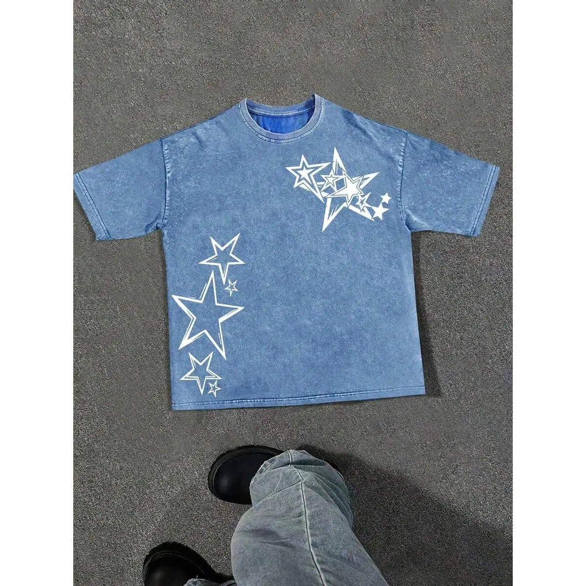 (230g T-Shirt)Men's Washed Cotton Star Graphic Tee, Oversized Loose Casual Crew Neck Short Sleeve T-Shirt, Retro Streetwear Comfortable Soft Top