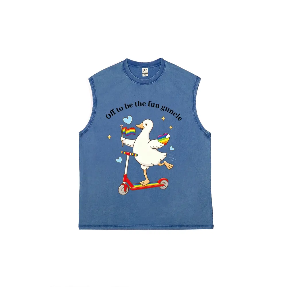 Vintage Acid Wash Sleeveless Muscle Tank Top, Off to Be The Fun Guncle Cute Duck Rainbow Pride Graphic Cut Off Tank Shirt, Unisex Loose Fit Casual Streetwear Sleeveless Tee, Multiple Colors Available