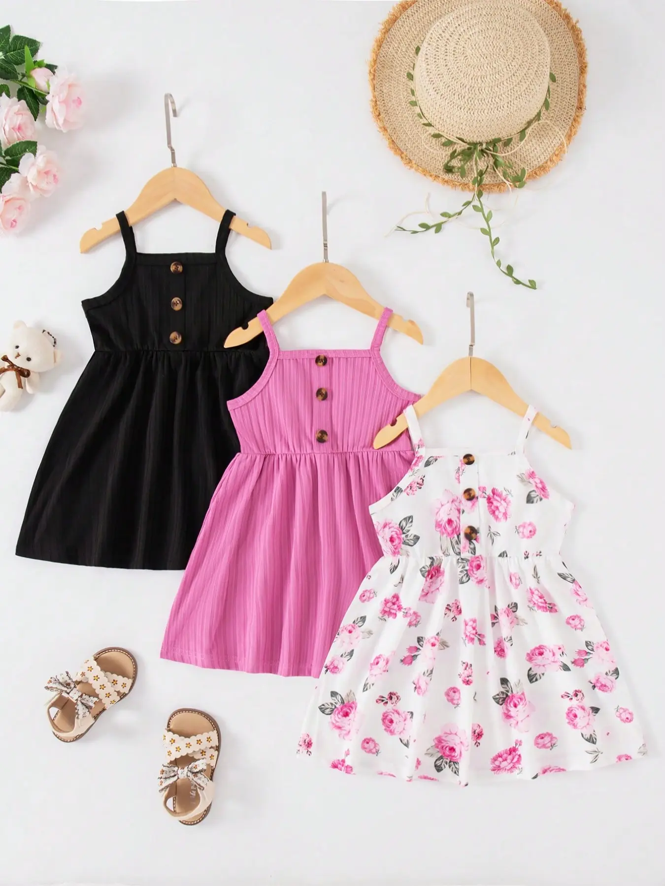 Baby Girls Floral Print Solid Color Ruched Button Halter Dress Set, Three-Piece for Toddlers, Toddler Summer Dresses, Cute & Comfortable Clothing