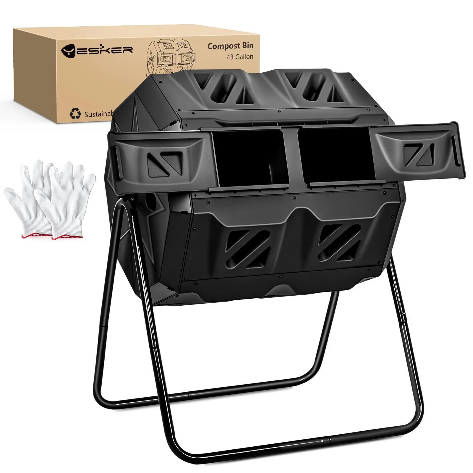 Yesker Dual Chamber Compost Bin Outdoor, 43 Gallon Rotating Tumbling Composter with Sliding Doors, Fast Assembly for Garden, Backyard & Kitchen Waste fathersdaygift