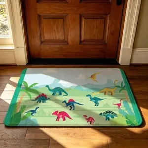 A rectangular cartoon dinosaur-themed entrance mat with a patterned design and a surrounding border. The mat features a non-slip felt and silicone surface that is soft, machine-washable, and suitable for use as a dirt-resistant mat at the entrance,