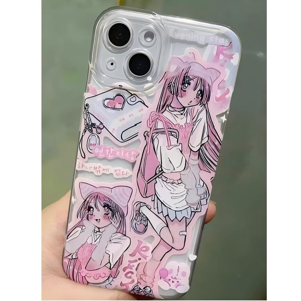 Comic Kawaii Pink Anime Girl Phone Case for iPhone 17 16 15 14 13 12 11 Air Pro Max Plus Stylish Cute Soft Clear Shockproof Durable