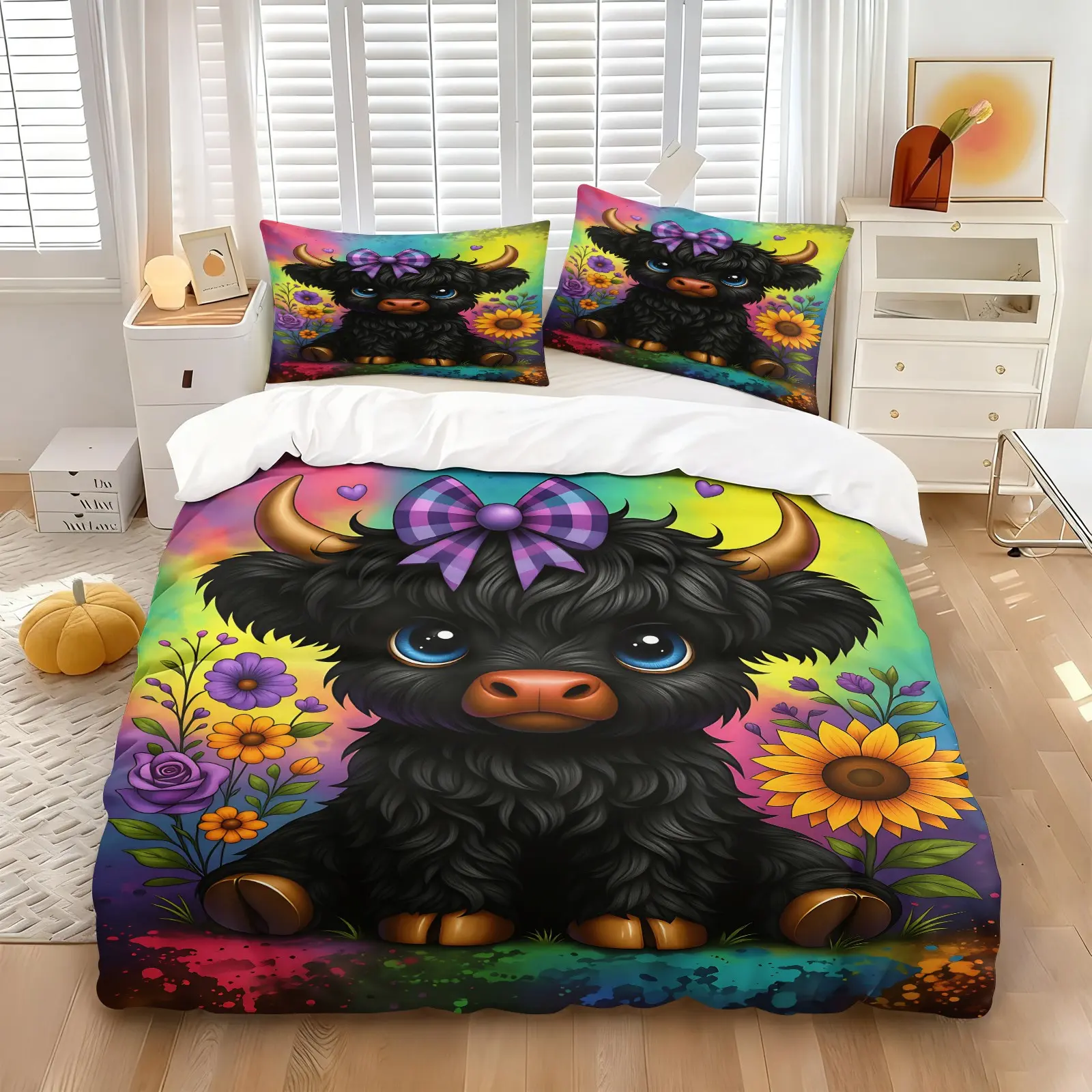 Colorful Rainbow Highland Cow Duvet Cover Set, Inlcude 1 Comforter Cover and 1/2 Pillowcases wihtout Core, Purple Plaid Bow Sunflower Floral Ink Splash Print Soft Quilt Cover, All Season Breathable Bedroom Decor Bedding