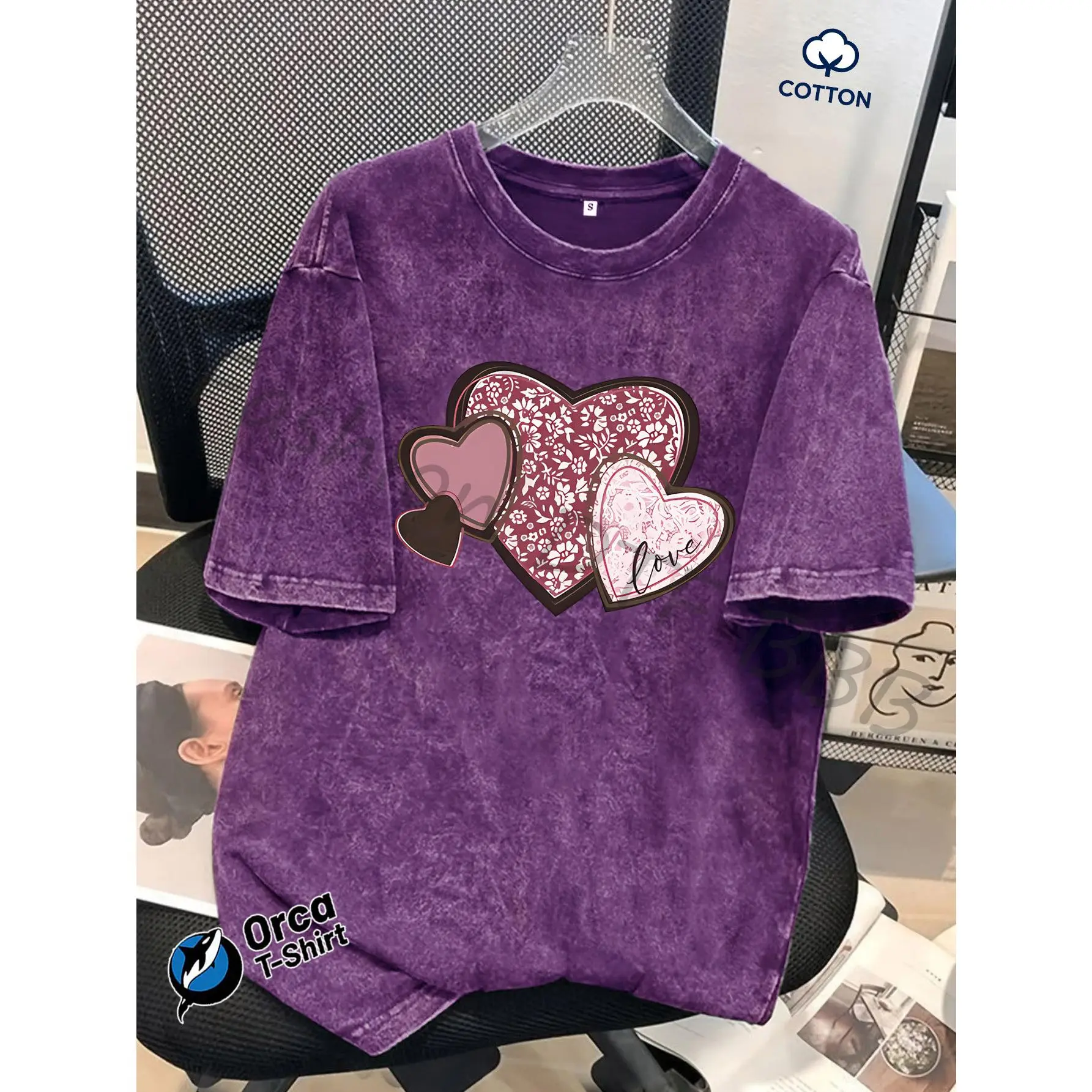 Pattern Laminated Love "love" Print Pattern Washed T-shirt 100% Fabric 230g Orca Brand Is Suitable for Leisure, Outdoor Outings, S, Holidays, Gift Delivery and Other Scenes.