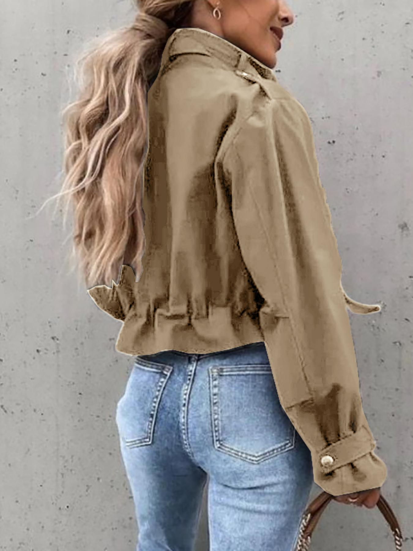 Women's Fall Casual Fitted Biker Jacket, Short Woven Coat with Pockets & Zipper, Long Sleeve Outerwear for Autumn Fashion