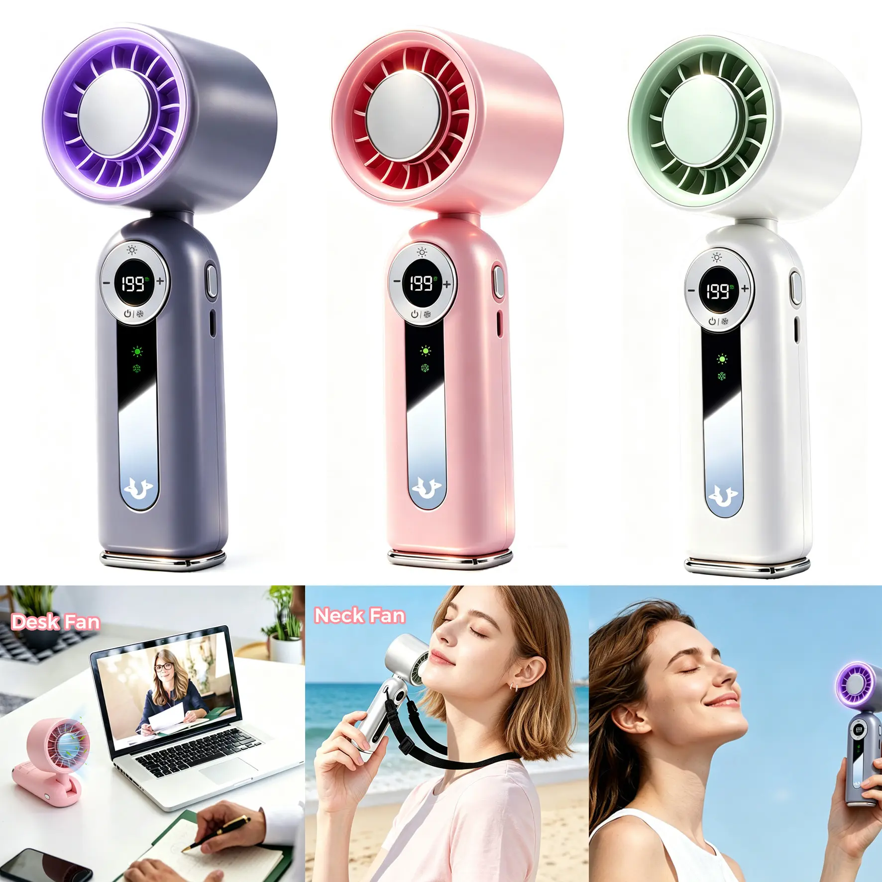 4000mAh Portable Handheld Fan,Semiconductor Ice Wind , LED Digital Display,199-Speed Adjustable 3-In-1 Rechargeable Cooling Fan With Lanyard & Carabiner For Travel Outdoor Office
