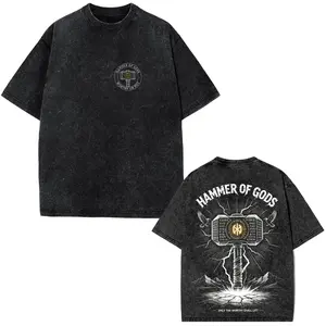 Hammer Of Gods Acid Wash Oversized Graphic Tee Men Norse Mythology Viking Thor Rune Thunder Warrior Dark Gothic Streetwear Gifts For Him Washed Black T-Shirt indie aesthetic casual t-shirt back print