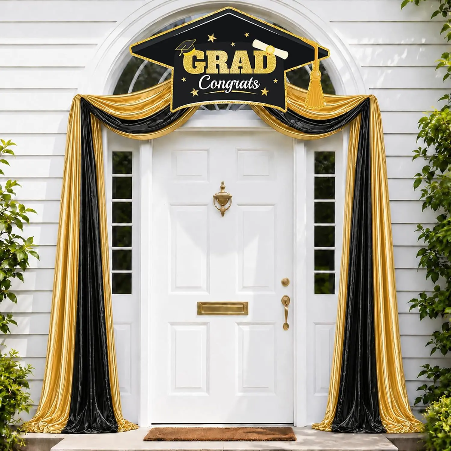 Jumbo Shiny Congrats Grad Cap Door Banner, 26.24ft Water-Proof Lightweight Hanging Decor, Black & Gold Class of 2026 Photo Backdrop for College Grad Party Indoor Outdoor Home Supplies