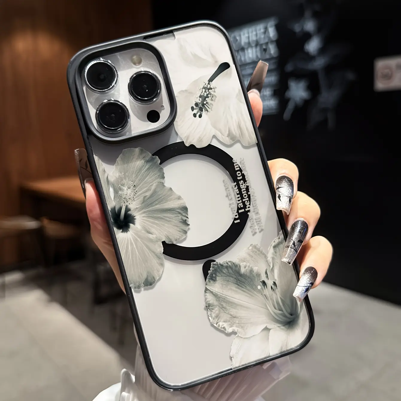 Magnetic Ink Wash Gray Hibiscus Phone Case with Transparent Base - TPU Mobile Phone Accessories for iPhone Series (17 E Air Pro ProMax,16,15,14 Plus,13,12,11,X,XS,XR) - Multi-Model, Cool Sophisticated Vibe, Mixed Color, Smartphone, Handheld