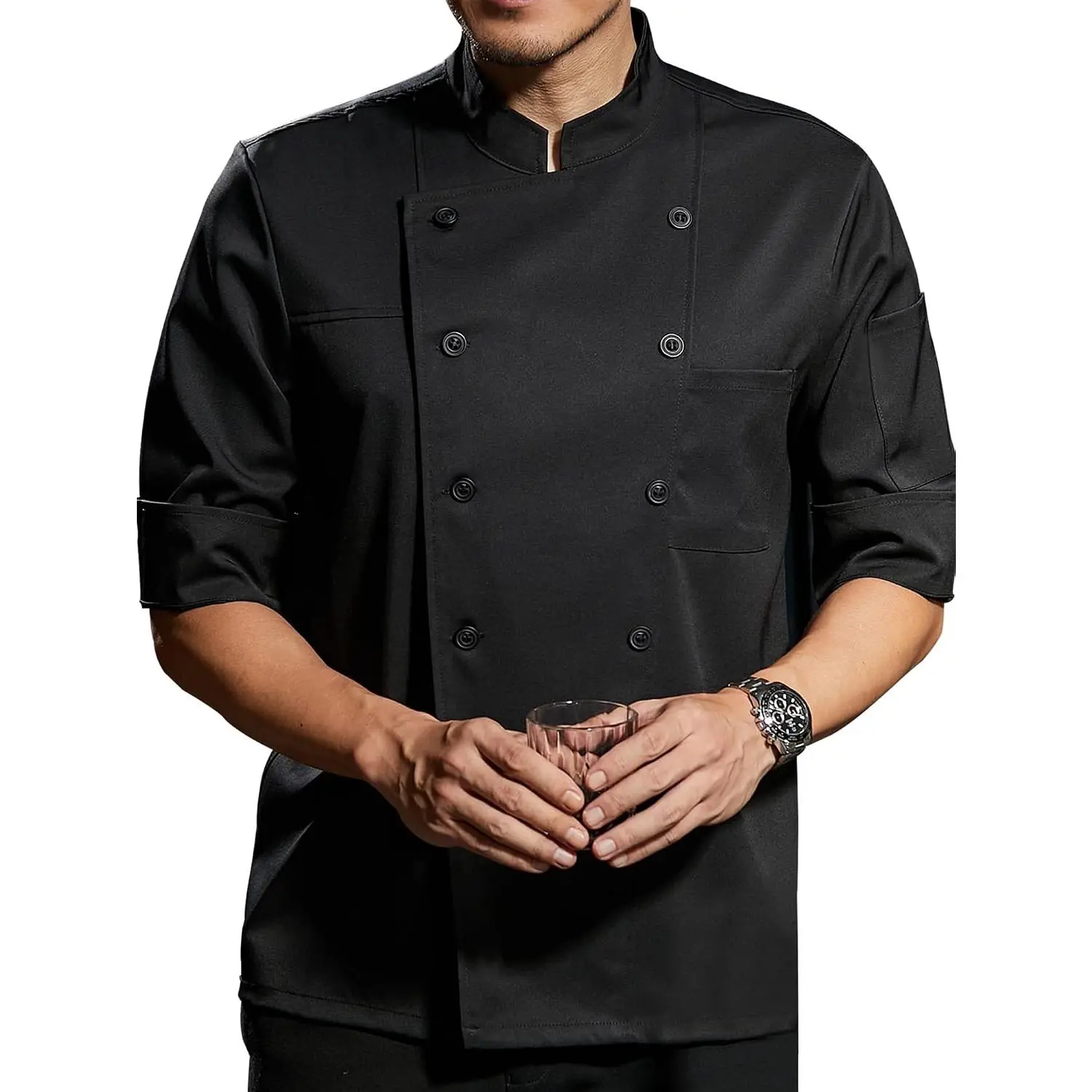 Men's Half Sleeve Chef Coat - Lightweight Stretch Soft Black Kitchen & Restaurant UniformGift