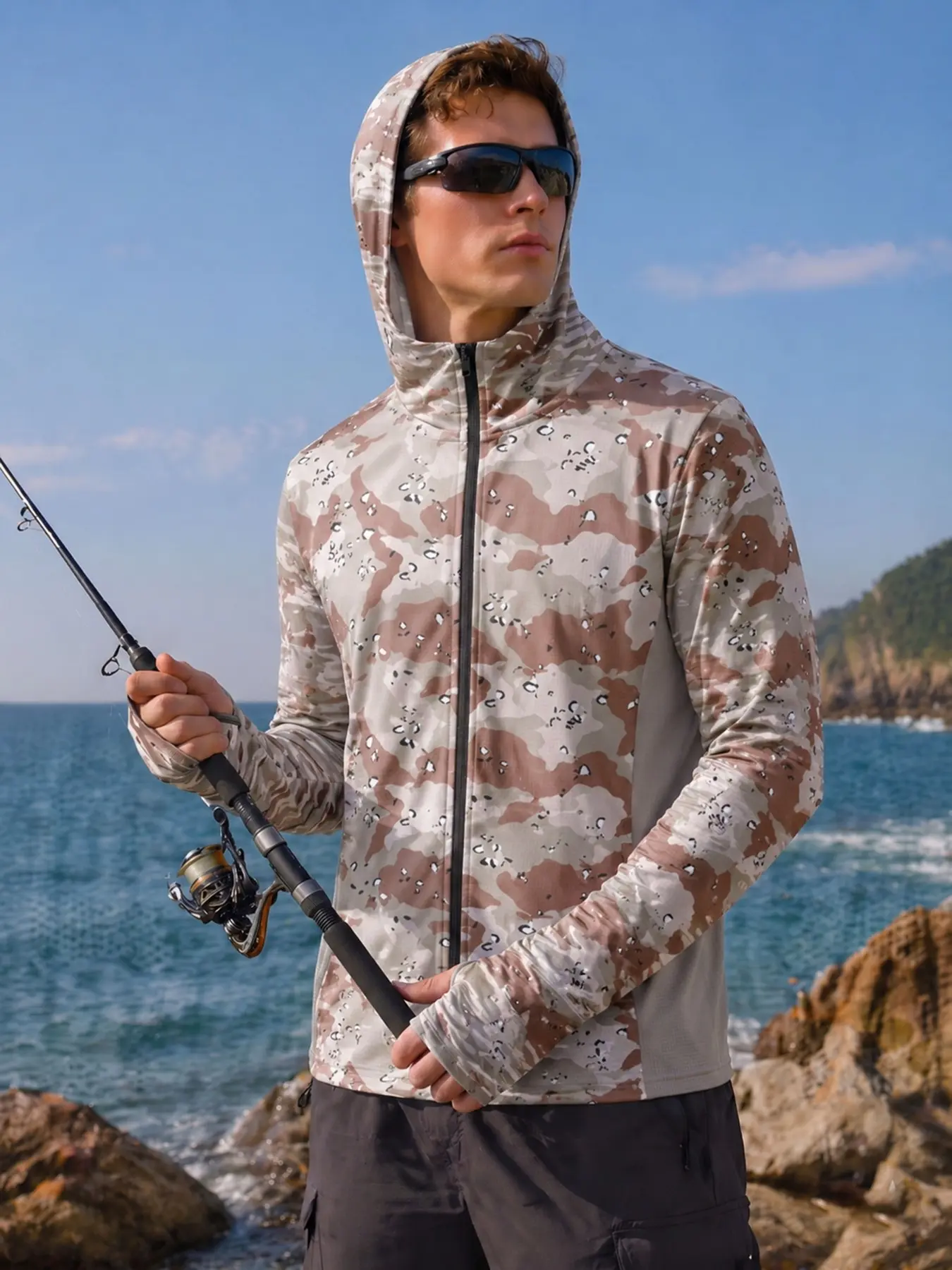 Men's Fish Print Sporty Fitted Jersey, Breathable Sports Jersey, Long Sleeve Breathable Summer Outdoor Clothing, Men's Fishing Apparel, No Button, with Collar