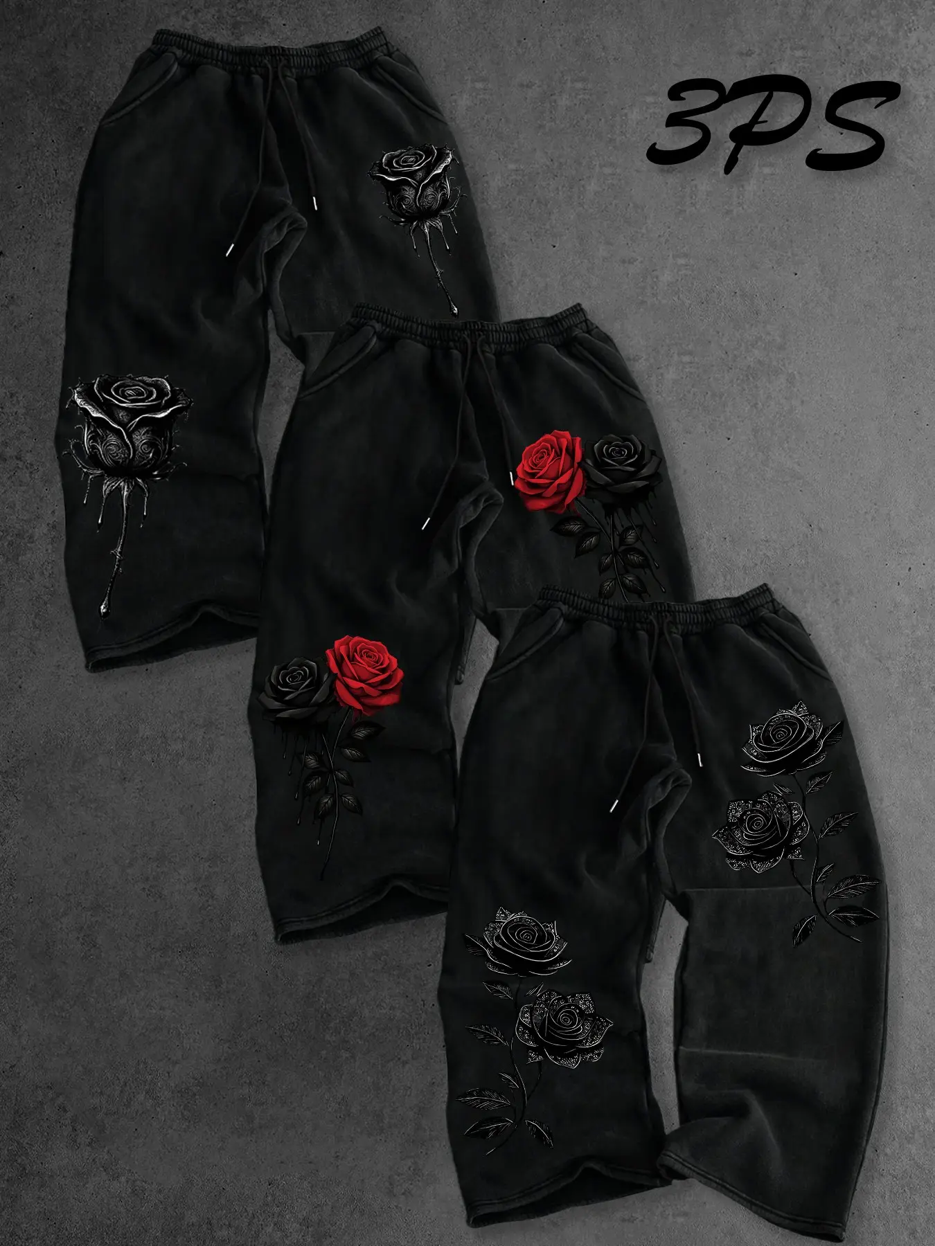 3 Pcs Men Elastic Drawstring Wide Leg Sweatpants Pack, Gothic Drip Rose Floral Side Graphic Print Soft Loose Street Sports Casual Jogger Trousers Multipack #GothicRoseJoggers #WideLegFloralPants #StreetwearSweatpantsSet