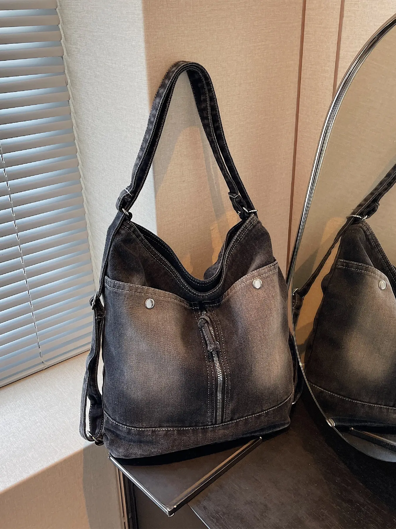 Graduated Distressed Denim Multi-directional Backpack Tote Bag Women's Edition Double Buckle Side Pockets Front Drawstring Zippered Compartment Convertible Wide Straps Large Capacity Soft Bag Retro Casual Work Messenger Backpack Handbag