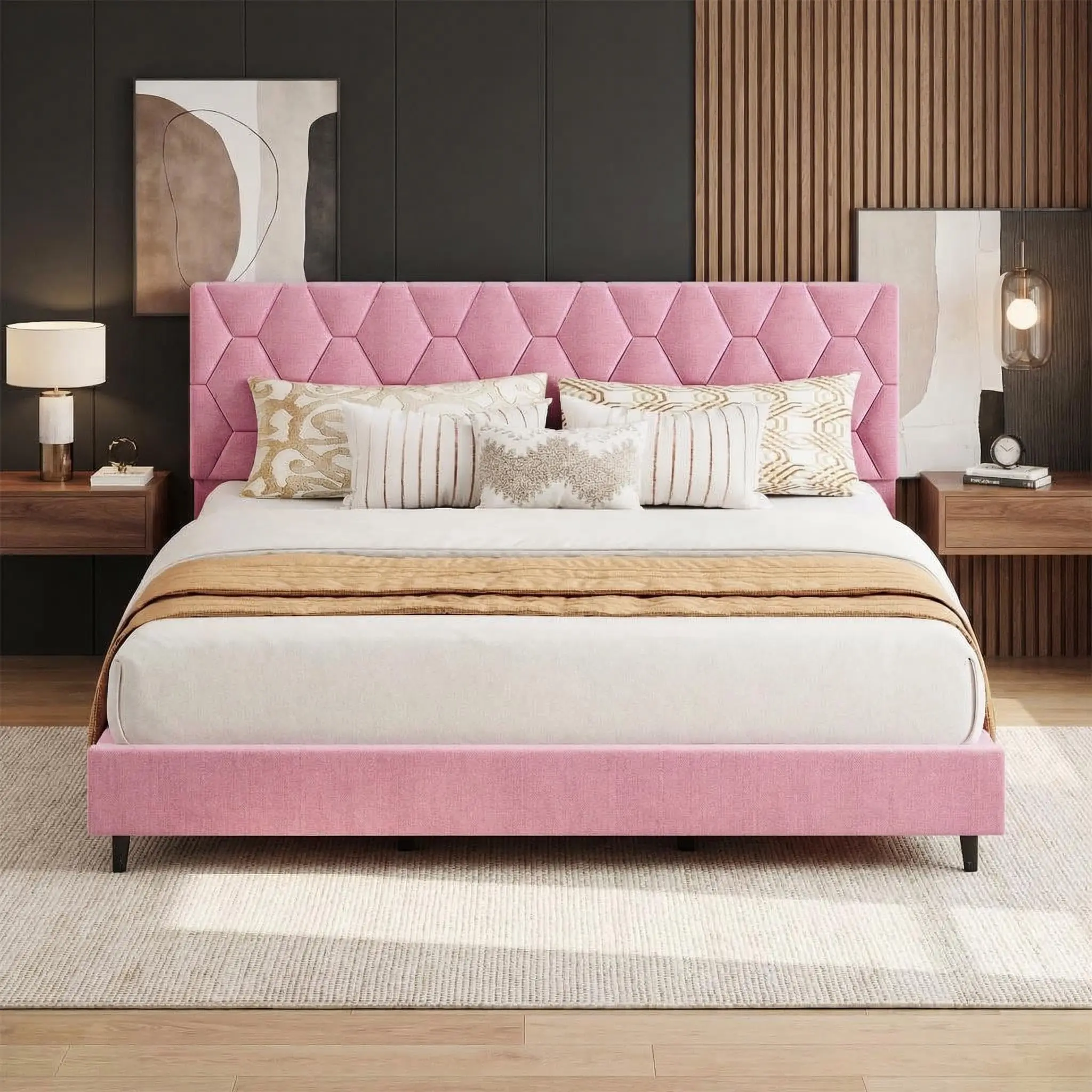 California King Heavy-Duty Platform Bed Frame with Upholstered Headboard & Strong Wood Slats, No Box Spring Needed, Noise-Free