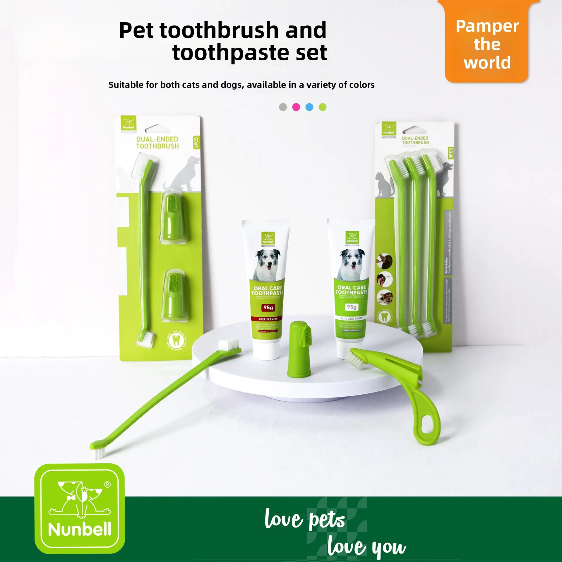 Nunbell Cross-Border Pet Toothpaste and Toothbrush Set, Beef Flavor Oral Cleaning and Care Products for Cats and Dogs