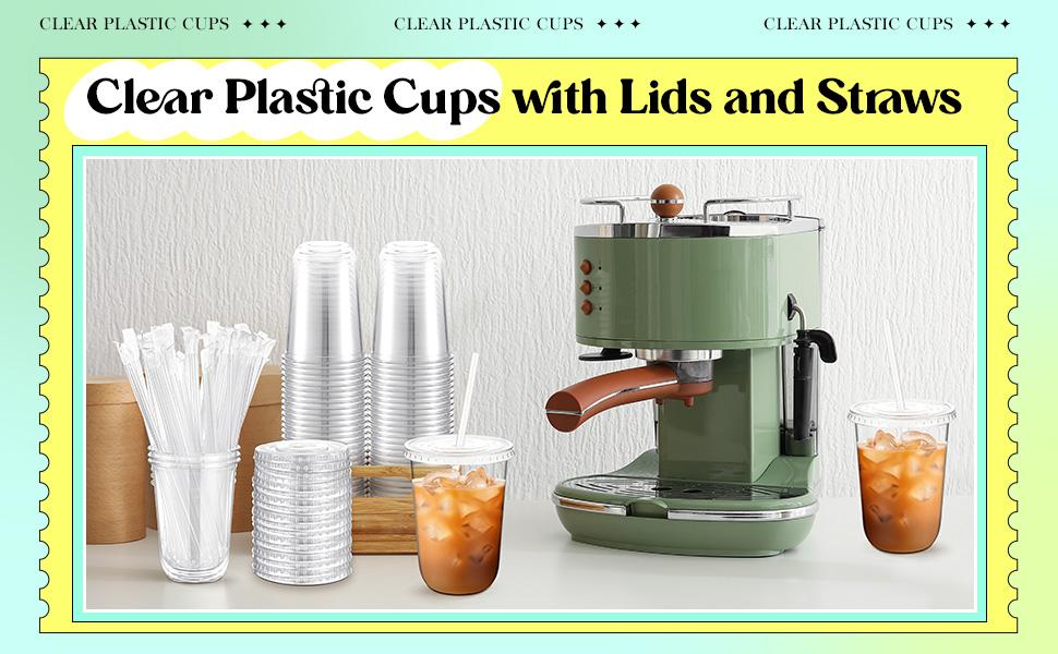 PLL 50 Sets Clear Plastic Cups with Lids and Straws, Disposable Iced Coffee Cups Drinking PET for Cold Drinks, Juice, Smoothie, Coffee Shops, Party, Christmas(Pink,16 oz)
