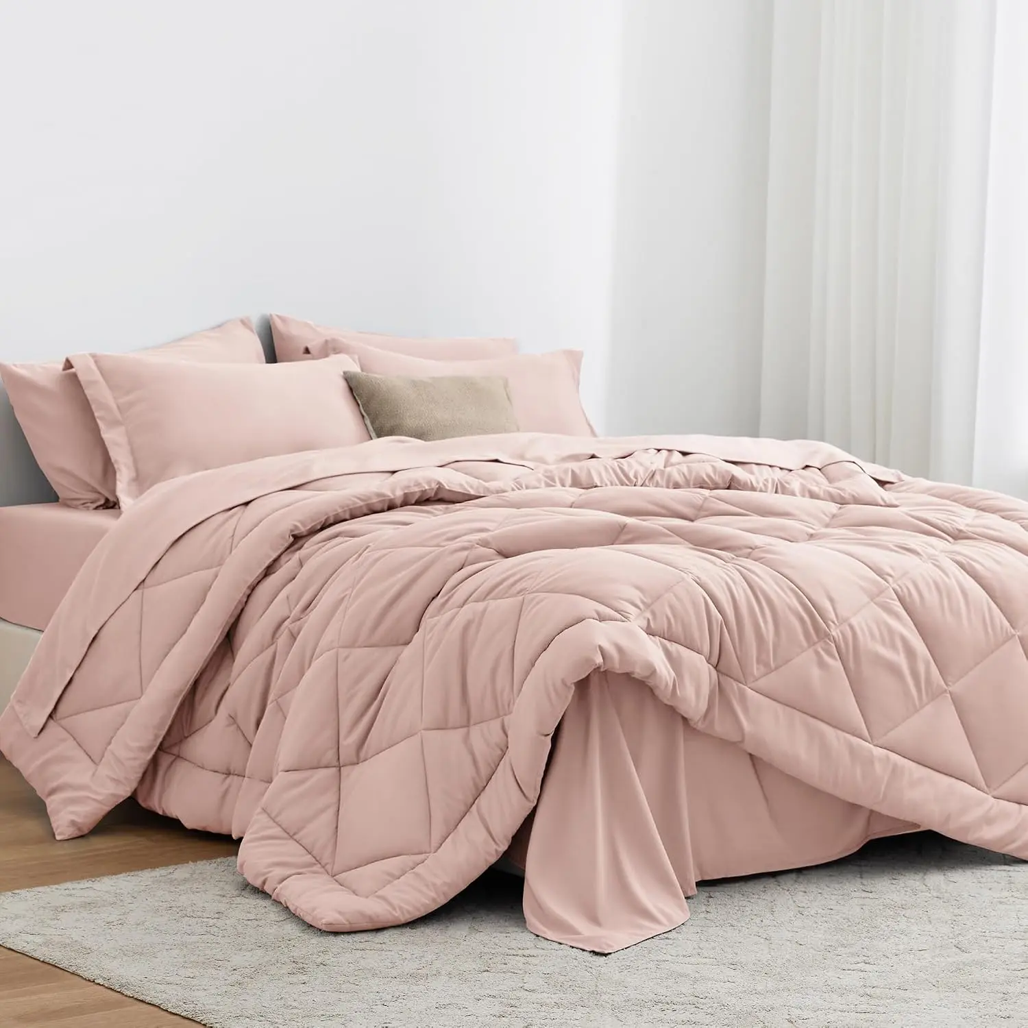 California King Comforter Set Pink, 7 Pieces California King Bed in a Bag, All Season Bedding Sets with 1 Comforter, 1 Flat Sheet, 1 Fitted Sheet, 2 Pillowcase and 2 Pillow Sham
