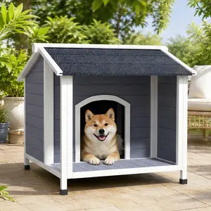 ARCH Outdoor Wooden Dog House Weatherproof Solid Wood Pet Shelter with Asphalt Roof Raised Floor Easy Assembly Gray Small to Medium Dogs Patio Yard Garden Canine Kennel Home, Gray Color Options, Solid Wood Material, Product Dimensions: 39.38 W x