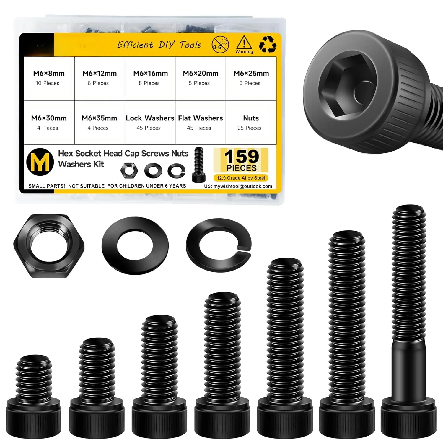 159 count M6 Screw Metric Screw  Kit, Grade 12.9 Alloy Steel Hex Socket  Cap Metric Screws, Spring Lock & Flat Washers/Nuts/Hex Wrenches M6*8/12/16/20/25/30/35mm