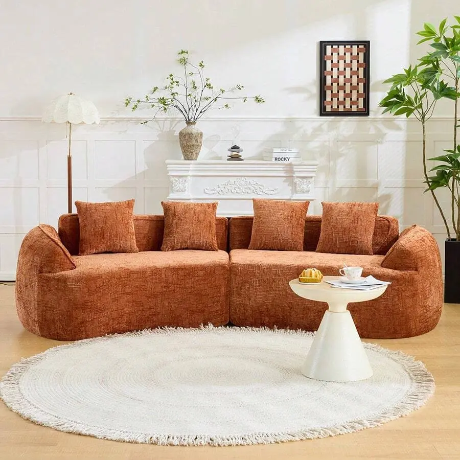 Modern Curved Chenille Sofa Couch, Nordic-Inspired Compressed Cloud Couch Living Room Bedroom Apartment, Soft 3-Seater Sofa With Comfortable Deep Seating, Boneless Sofa With Skin-Friendly, No Assembly Required