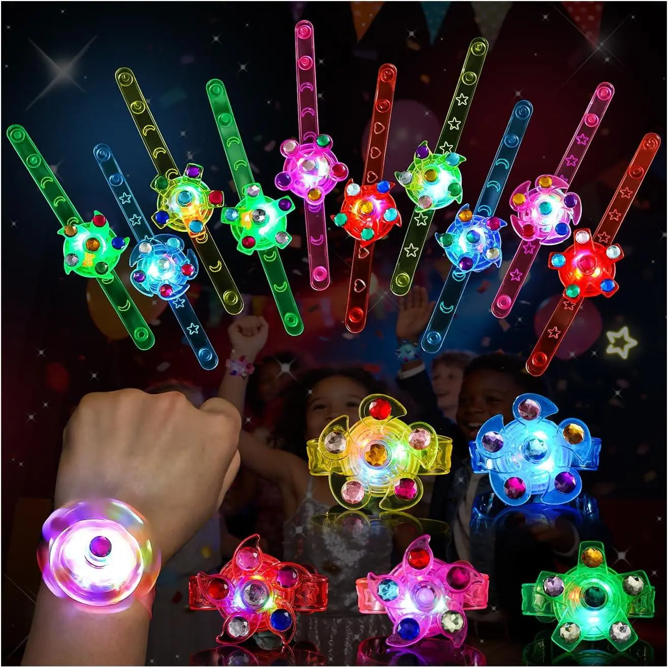 24 Pack LED Light Up Fidget Spinner Bracelets, Glow in The Dark Party Favors for Kids 4-8, Unisex Child Happy Birthday Gifts, Carnival Prizes, Kids 4-8 8-12