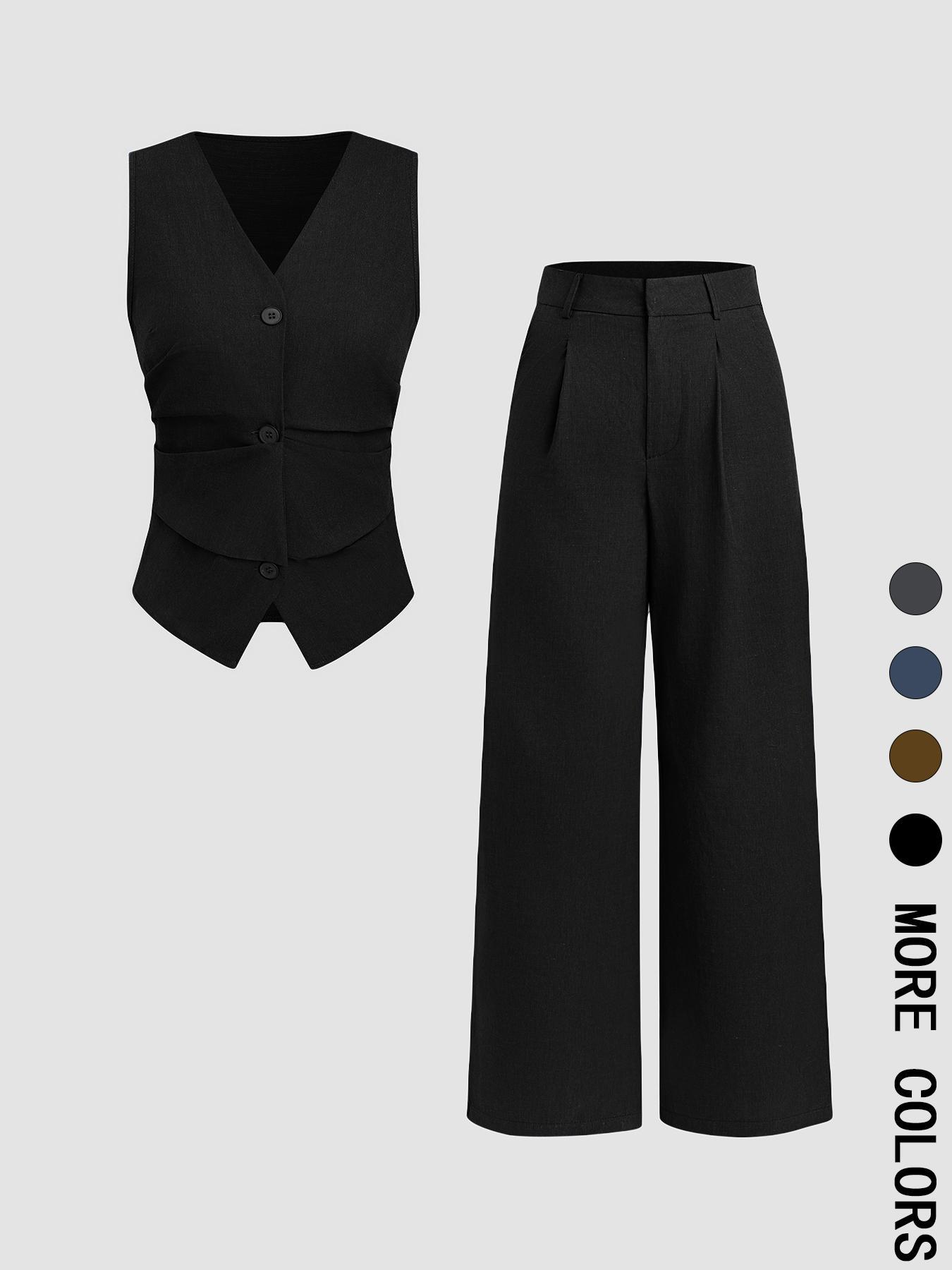 Classic Suit Set, Two Piece Set Solid Color Vest & Wide Leg Pants Elegant Fitted Fashion Casual Work Office Business Suits for Summer Fall Y2K, On The Go, Beach Ready, Relaxed Fit, Chic, Slim, Coastal Style