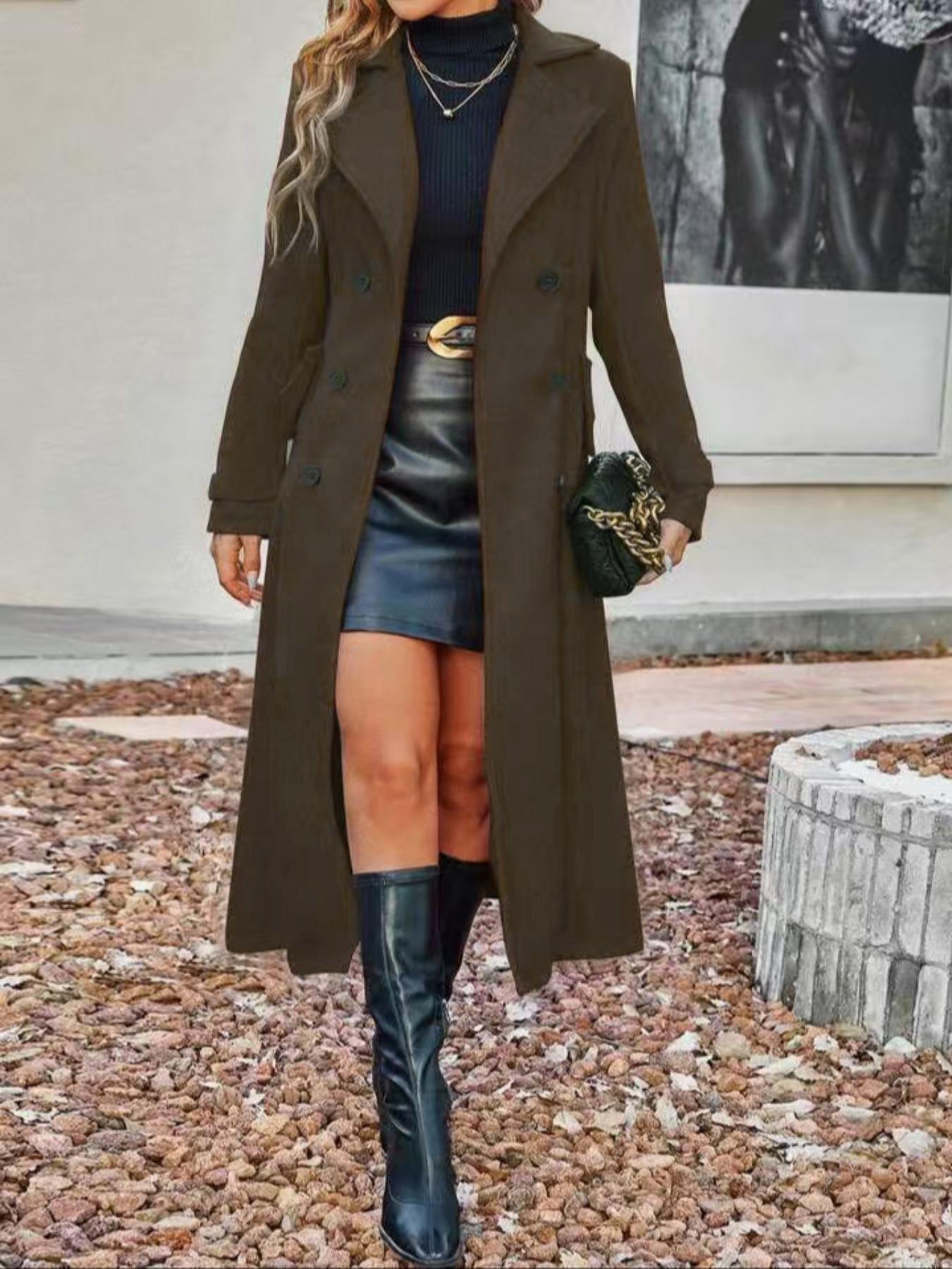 Women's Solid Double-Breasted Wool Coat, Elegant Long Coat for Autumn & Winter Wear