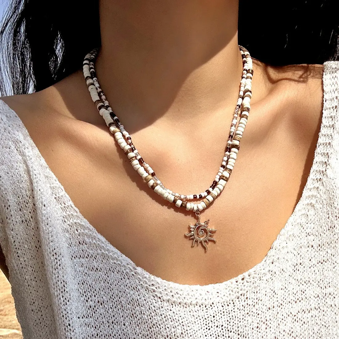 Women's Handmade Inspired Boho Sun Pendant Necklace - Female Beach Jewelry with Coconut Shell, Wood Beads & Plastic Accents, Tropical Layered Casual Piece for Summer Vacation, Cruise Travel
