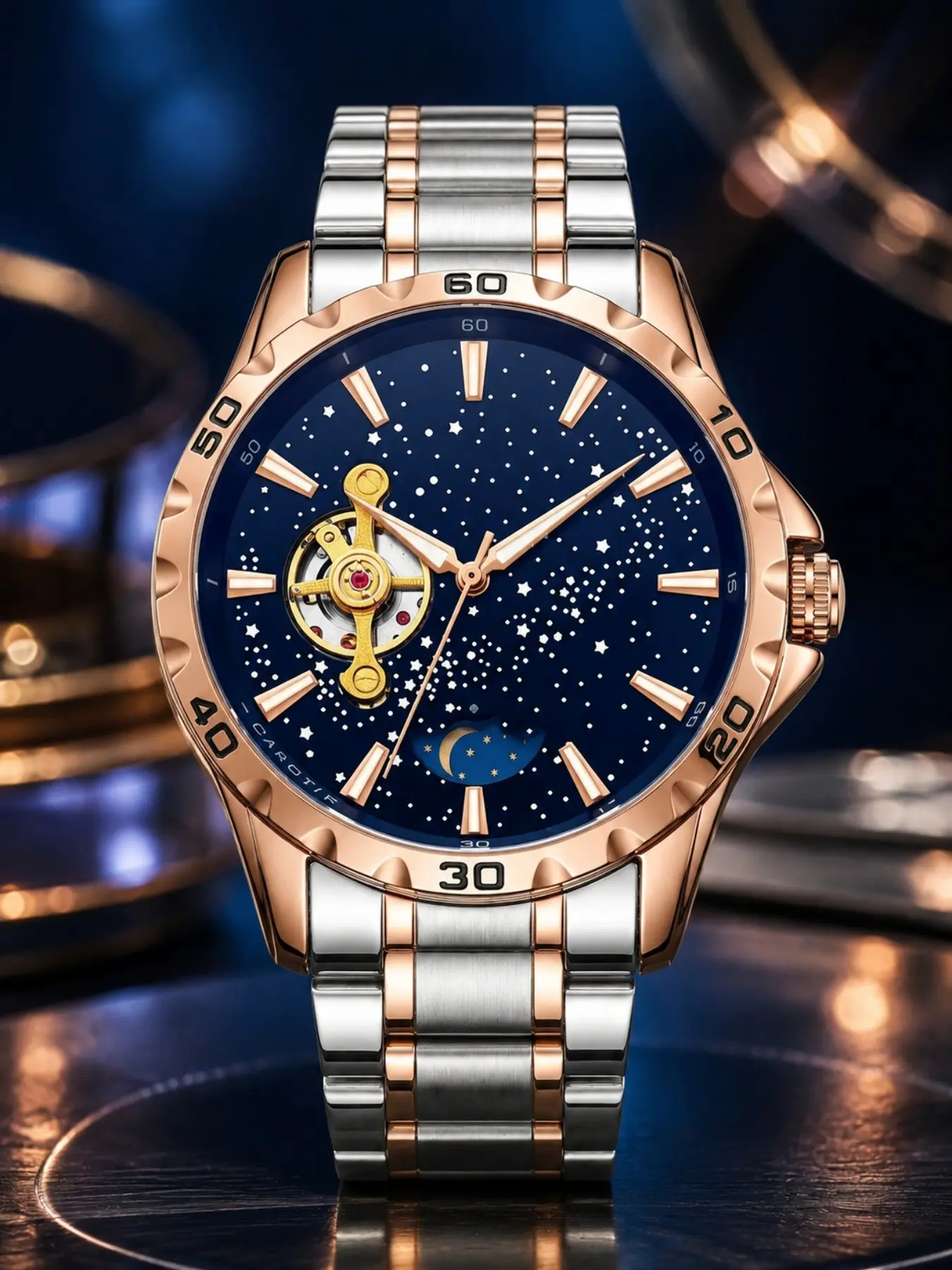 Rose Gold Starry Dial Watch, Deep Blue Face with Star Patterns, Moon Phase Window, Mechanical Movement, Stainless Steel Case