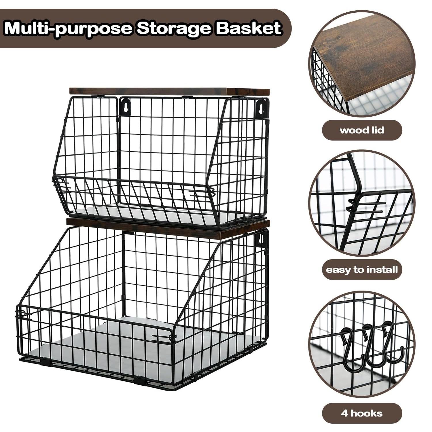 【Local Shipping】2-Pack Stackable Wall-Mounted Wire Baskets | Onion & Potato Storage with Wooden Tabletop | Countertop or Wall-Mounted Kitchen Organizer | Pantry & Counter Space-Saving Design | Rust-Resistant Metal Hanging Baskets