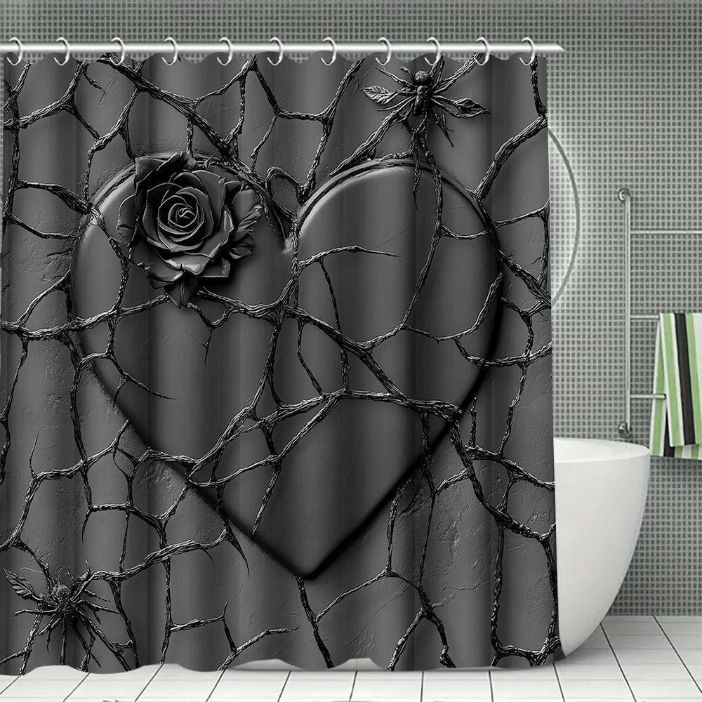 Floral Pattern Bathroom Decor Set, Includes Shower Curtain, Toilet Lid Cover, Mat, U-Shaped Pad, Valentine's Day Gift, Rose and Heart Design