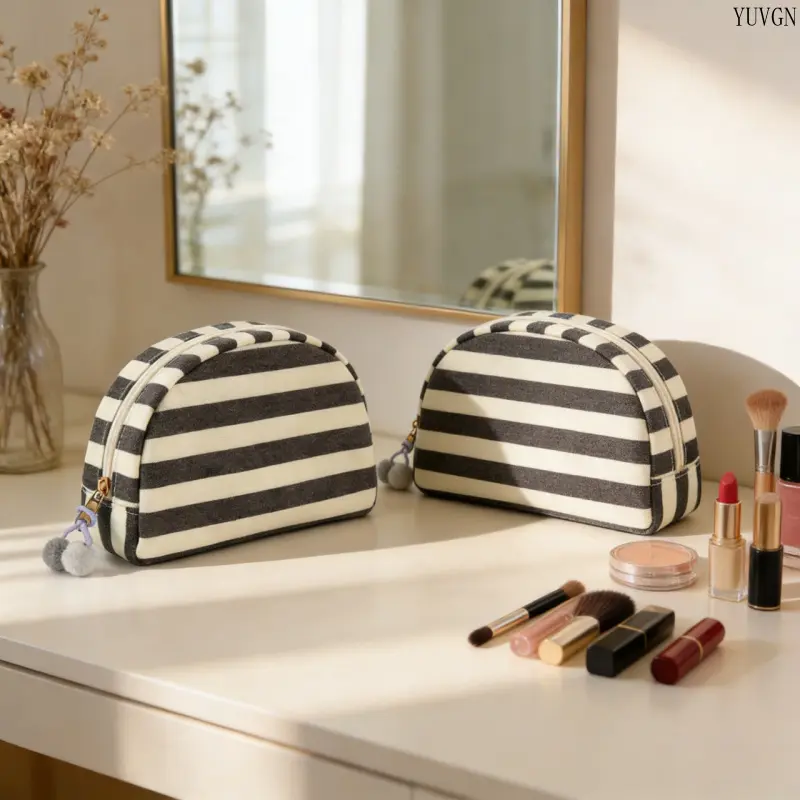 Horizontal Stripe Shell Makeup Pouch, Half Moon Zipper Cosmetic Bag, Soft Fabric Cute Toiletry Organizer, Pom Pom Decor Portable Storage Case, Small Beauty Wash Bag for Skincare Accessories Daily Travel Vacation