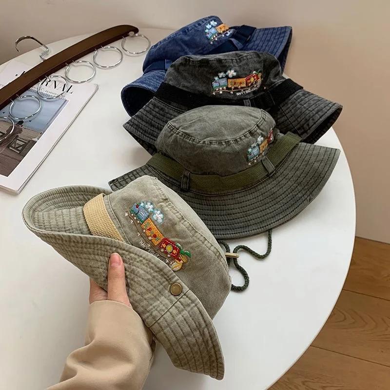 1pc Summer Train Embroidery Panama Hat for Women Beach Sun Protection Bucket Hat Retro Bob Fisherman Hats Visor Fishing Caps