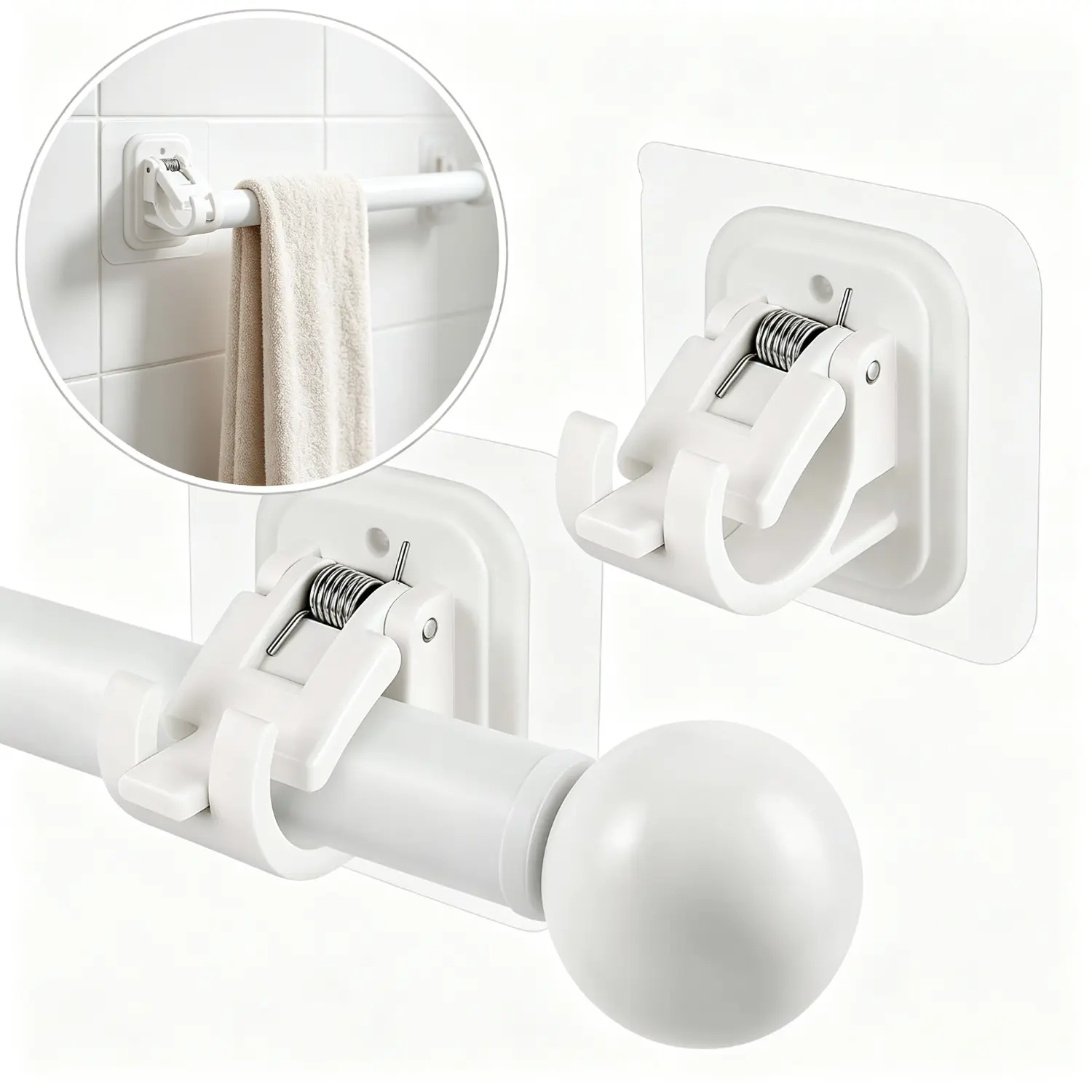 Waterproof Heavy‑Duty Universal Self‑Adhesive Pole Holder, No Drill Curtain Hook, Shower Rod Bracket, Wall Adhesive, Bathroom Multi‑Purpose Hooks, Wall Mount.