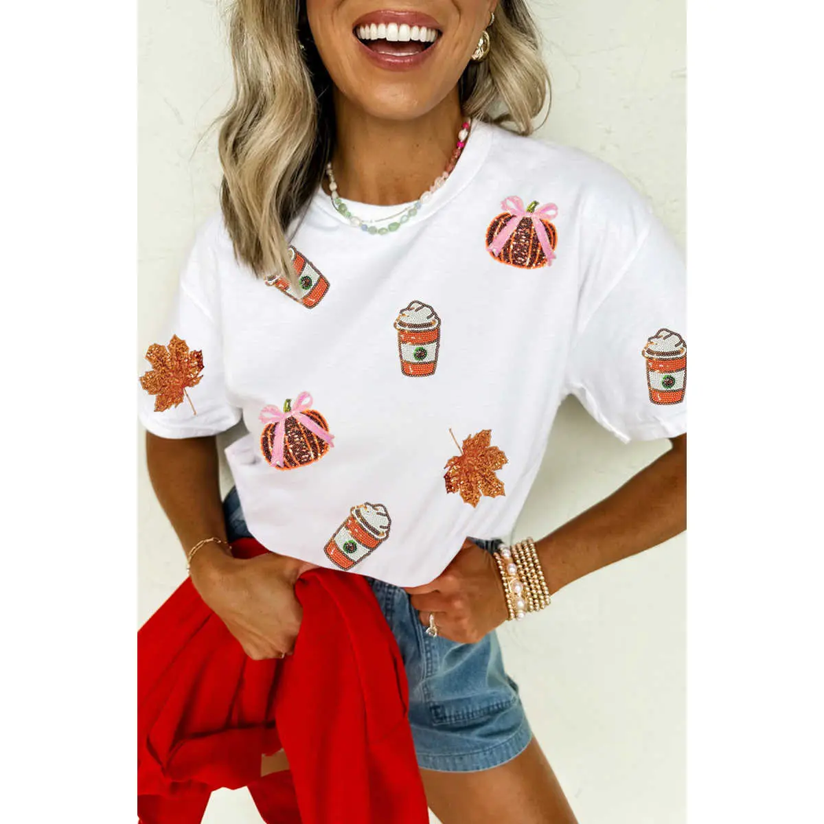 Women's Short-Sleeve Round Neck White Sequined Pumpkin Leaf Graphic Solid Casual Shift T-Shirt, Fall Tops