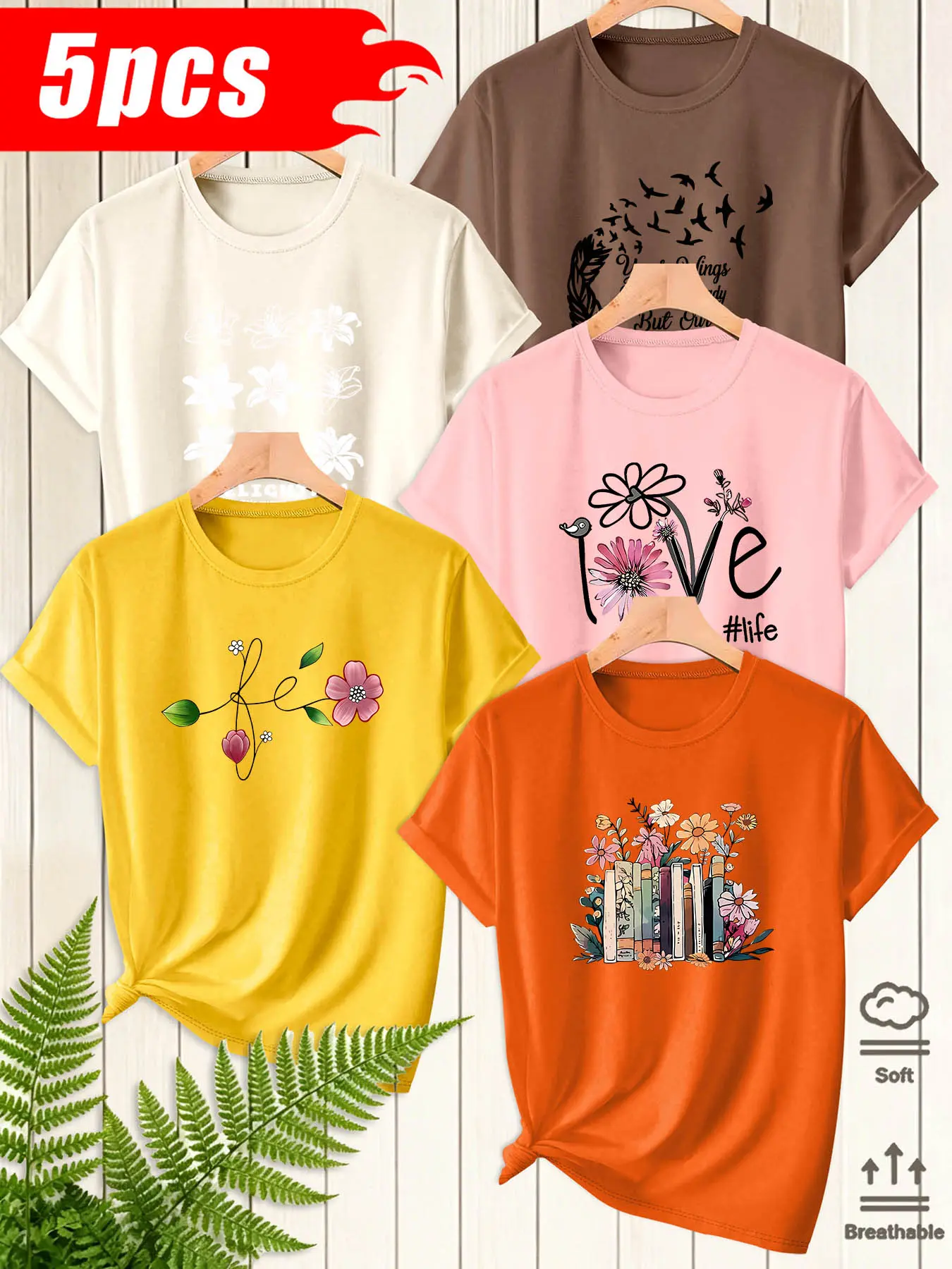 5Pcs Women Crew Neck T-Shirt, Line Wildflower Daisy Book Art Floral Text Print, Multi-color Washable Spring Summer Top, Soft Skin-friendly Fabric Daily Versatile Fashion Design