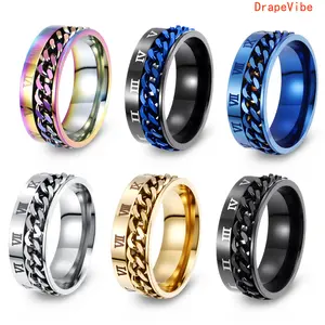 Rotatable Openwork Roman Numeral Gemstone Stackable Ring Set, Stress Relief Spinner Chain Jewelry For Daily Casual Wear