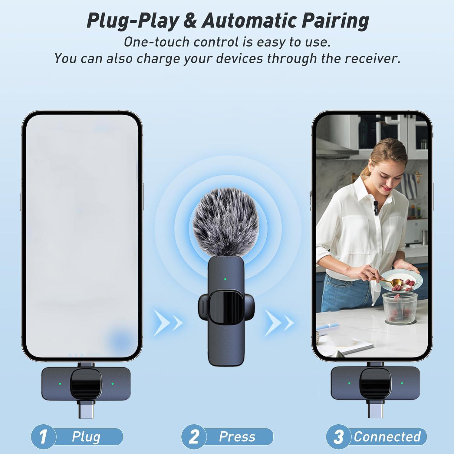 Wireless Lavalier Microphone, Condenser Recording Mic, USB Rechargeable Wireless Microphone, Lapel Mic for Video Recording, Teaching, Interviews, Podcast, Clip Microphone