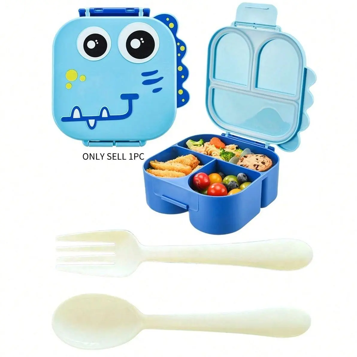 Dinosaur Shape Waterproof PP Kid Lunch Box with Handle, 1470ML Capacity, Includes Utensils, Three Compartment Design, Divided Food Storage Containers, Ideal for School Work Outdoor