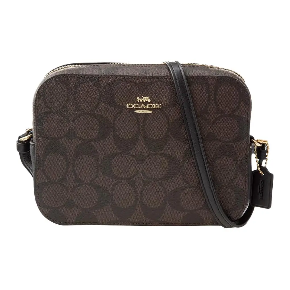Coach Camera Collection 18 Classic Monogram Zip Top Crossbody Bag for Women, Leather-Trimmed Coated Canvas, Small Square Style in Dark Brown