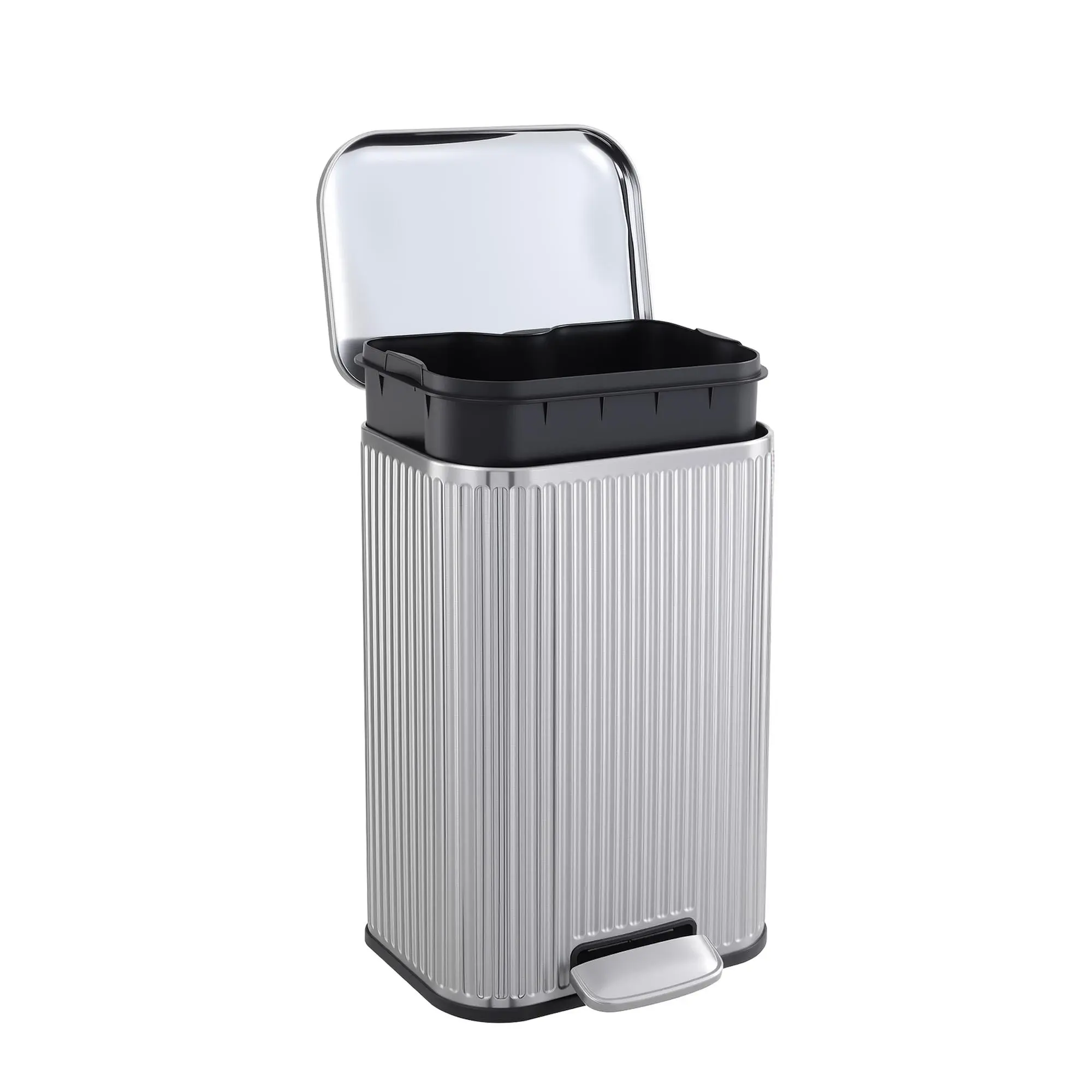 Stainless Steel Step Trash Can – Soft-Close Lid, Fluted Rectangular Design, Removable Inner Bucket – Modern Indoor Recycling Bin for Kitchen, Living Room, Office