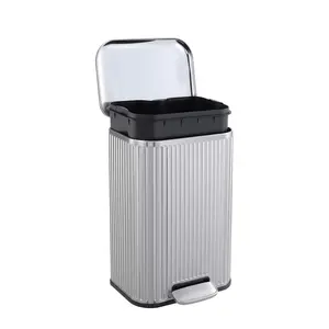 Stainless Steel Kitchen Trash Can with Step Pedal – Fluted Rectangular Waste Bin – Soft-Close Lid – Removable Inner Bucket – Ideal for Home, Office, or Recycling