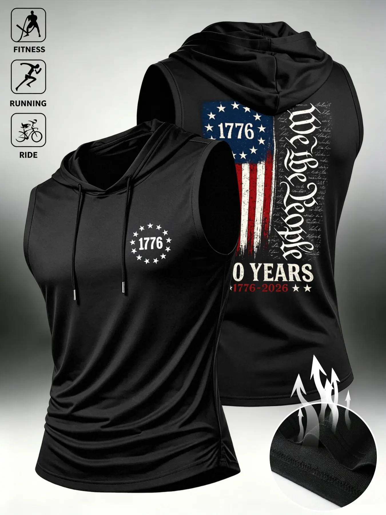Men's Summer Sporty Sleeveless Hooded Vest, Flag Print, High-Intensity Workout, Casual Streetwear, Fitness Athletic Streetwear, Fitted, Unlined, No Button, No Collar