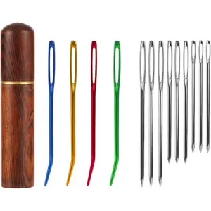 13pcs Large Eye Sewing Needles Kit, Stainless Steel Large-Eye Blunt Needles & Bent Tapestry Needles Sharp Hand Knitting Needles with Wooden Needle Case for Crochet/Darning/Yarn/Embroidery Projects