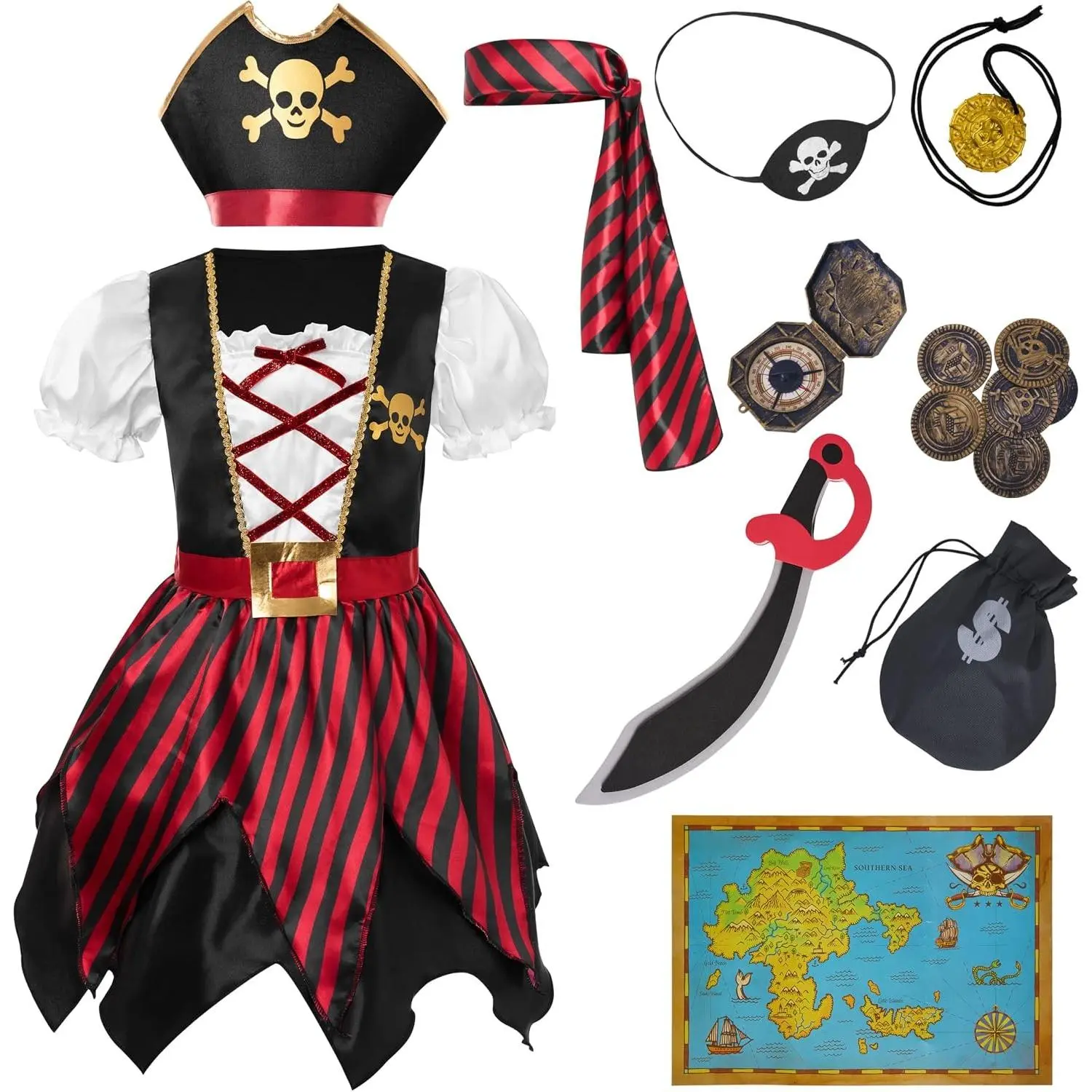 Halloween Kids Pirate Costume Dress for Girls, Buccaneer Princess Outfit for Toddler Dress Up(Gift)