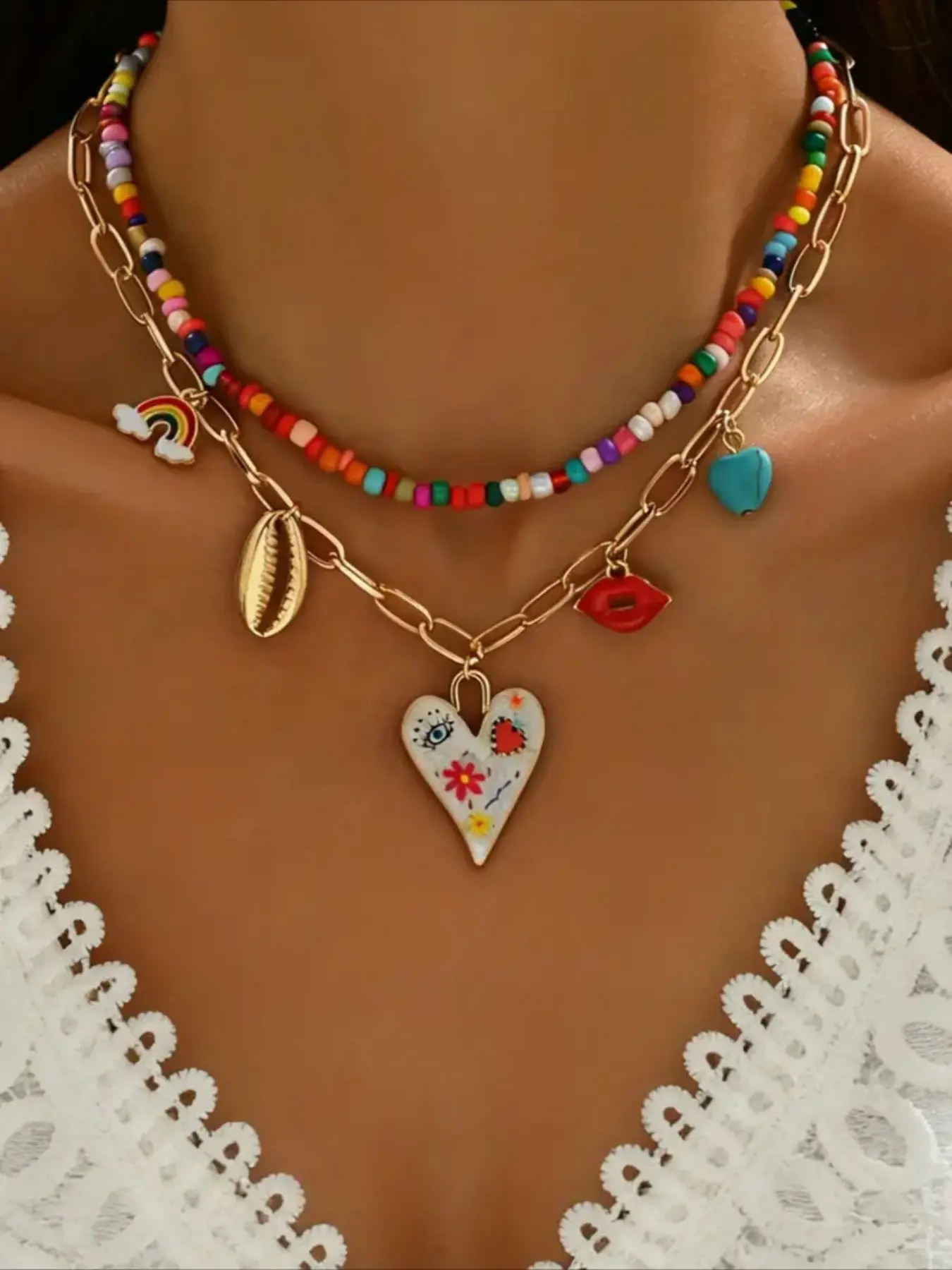 2pcs Y2K Colorful Beaded Layered Necklace Set for Women, Boho Rainbow Heart Multi-Charm Alloy Pendants, Cute Graffiti Jewelry for Parties
