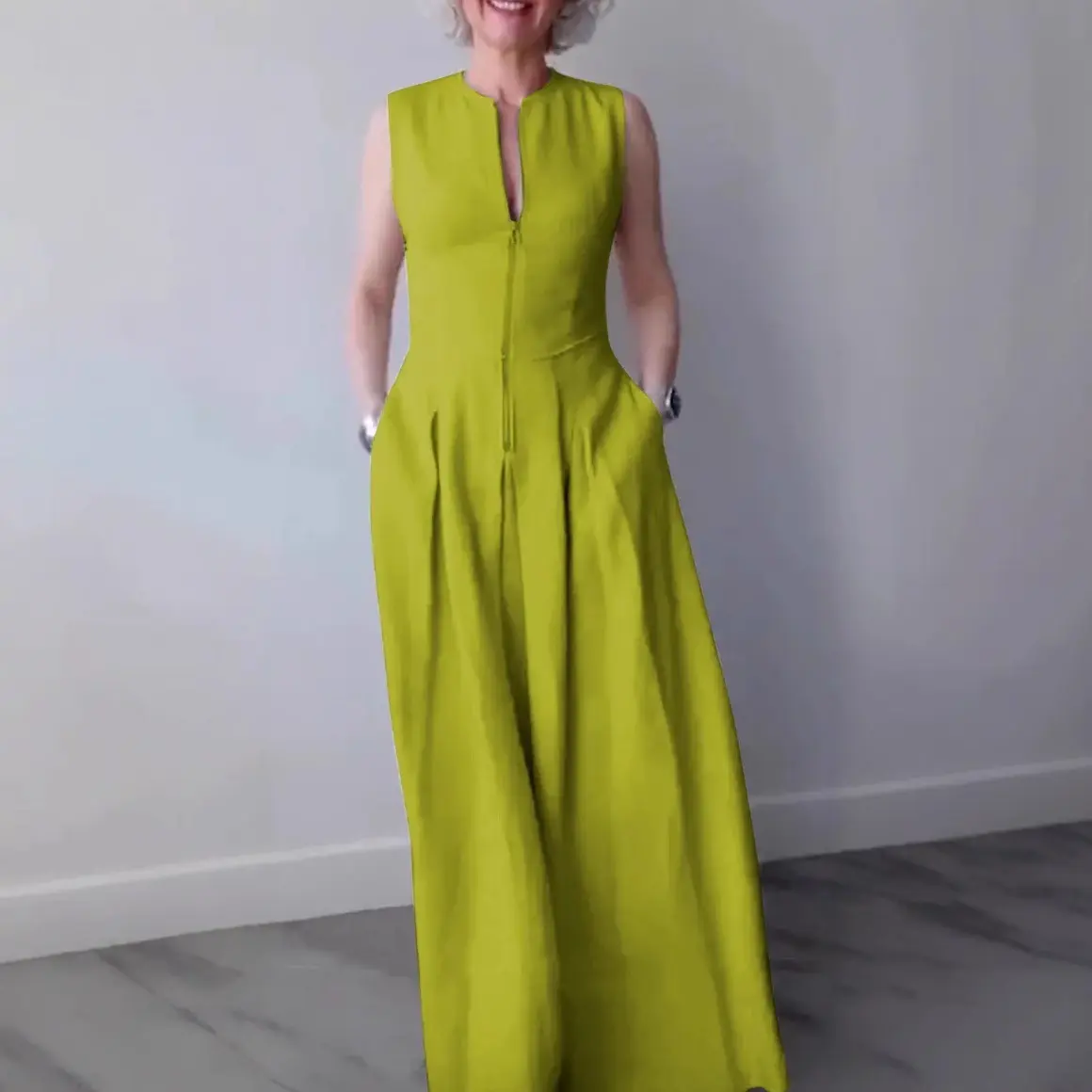 Women's Sports Maxi Dress - European & American Cross-Border, High-Waisted Cinch Waist, Plain Solid-Color, Sleeveless & Longsleeved Zipper, Slim-Fitting Casual Commuter Formal, All Seasons Floral Accent, Long Length